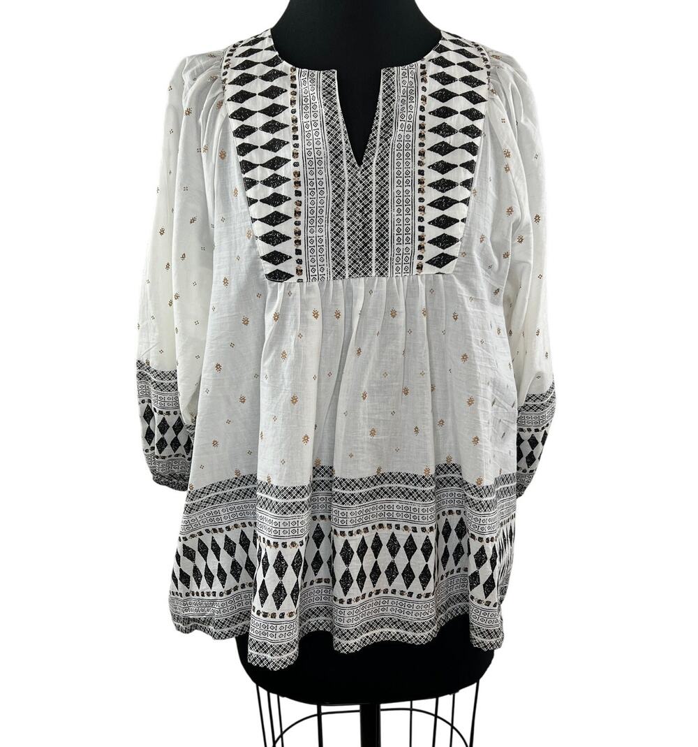 World Market White Black V-Neckline 3/4 Sleeve Lightweight Bohemian Blouse Sz S